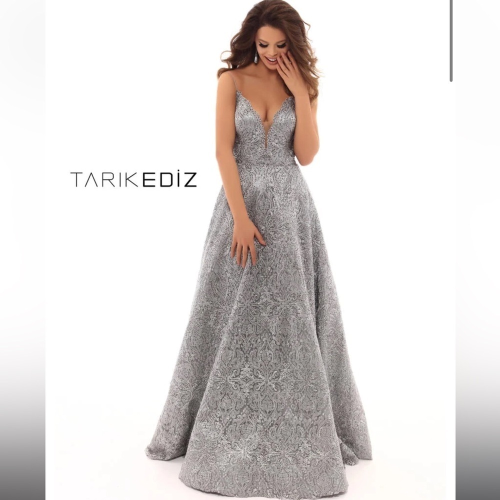 Tarik Ediz Metallic Silver Evening Dress